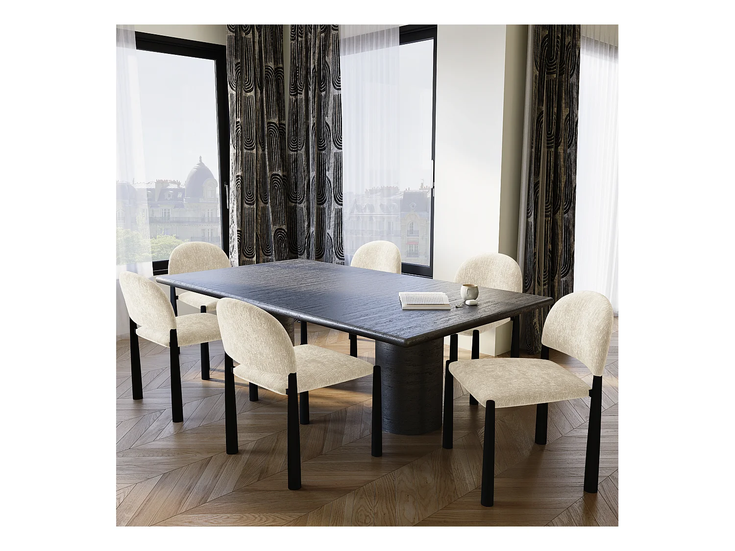 Lot de 2 chaises velours texturé beige et pieds noirs MILO