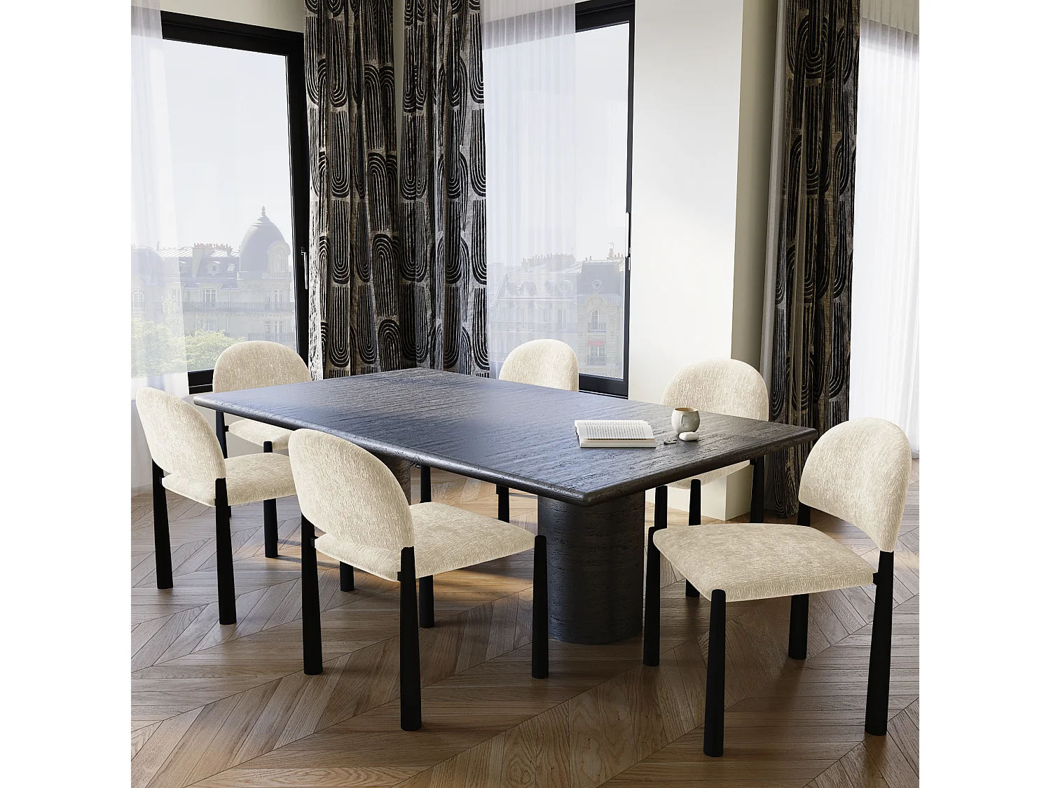 Lot de 2 chaises velours texturé beige et pieds noirs MILO