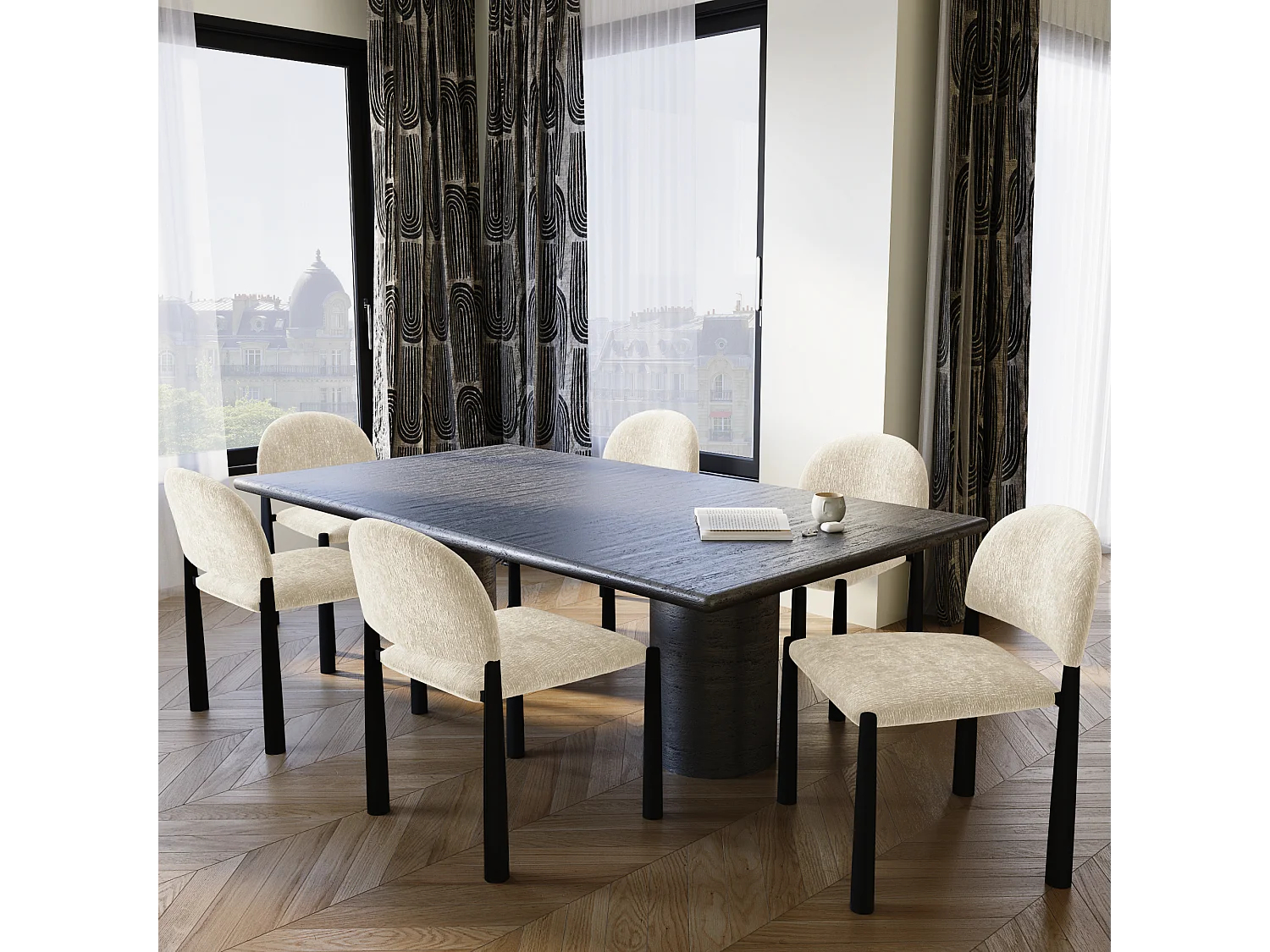 Lot de 2 chaises velours texturé beige et pieds noirs MILO