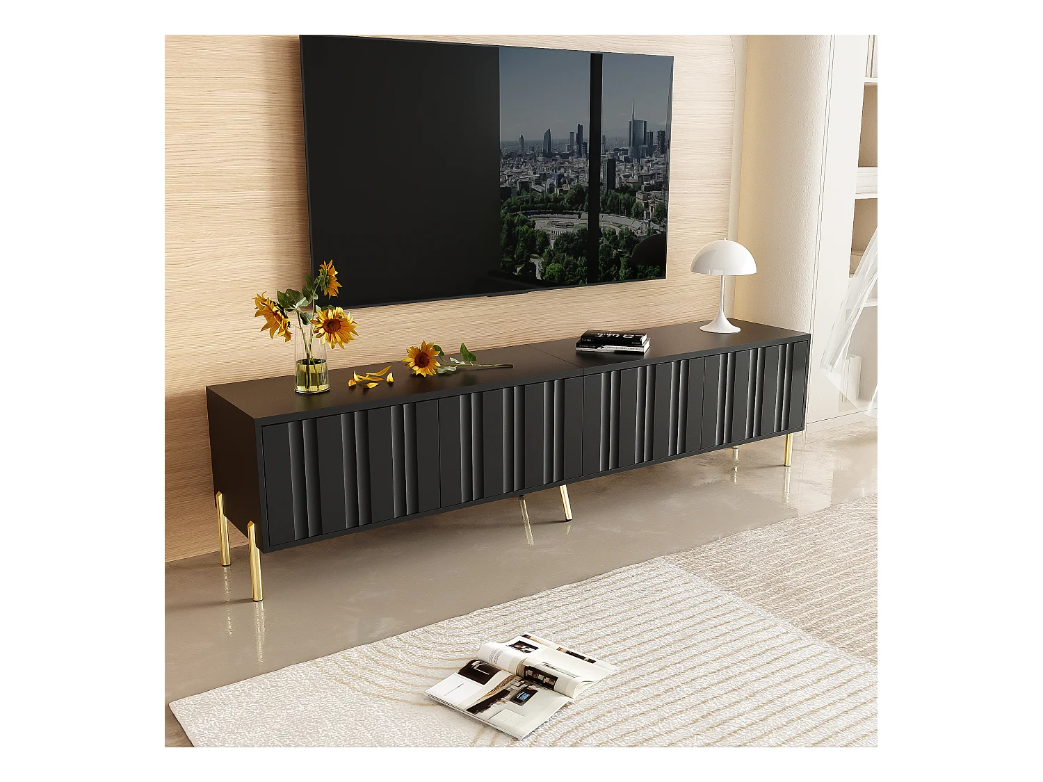 URBAN MEUBLE Meuble TV noir porte rainuré accents dorés