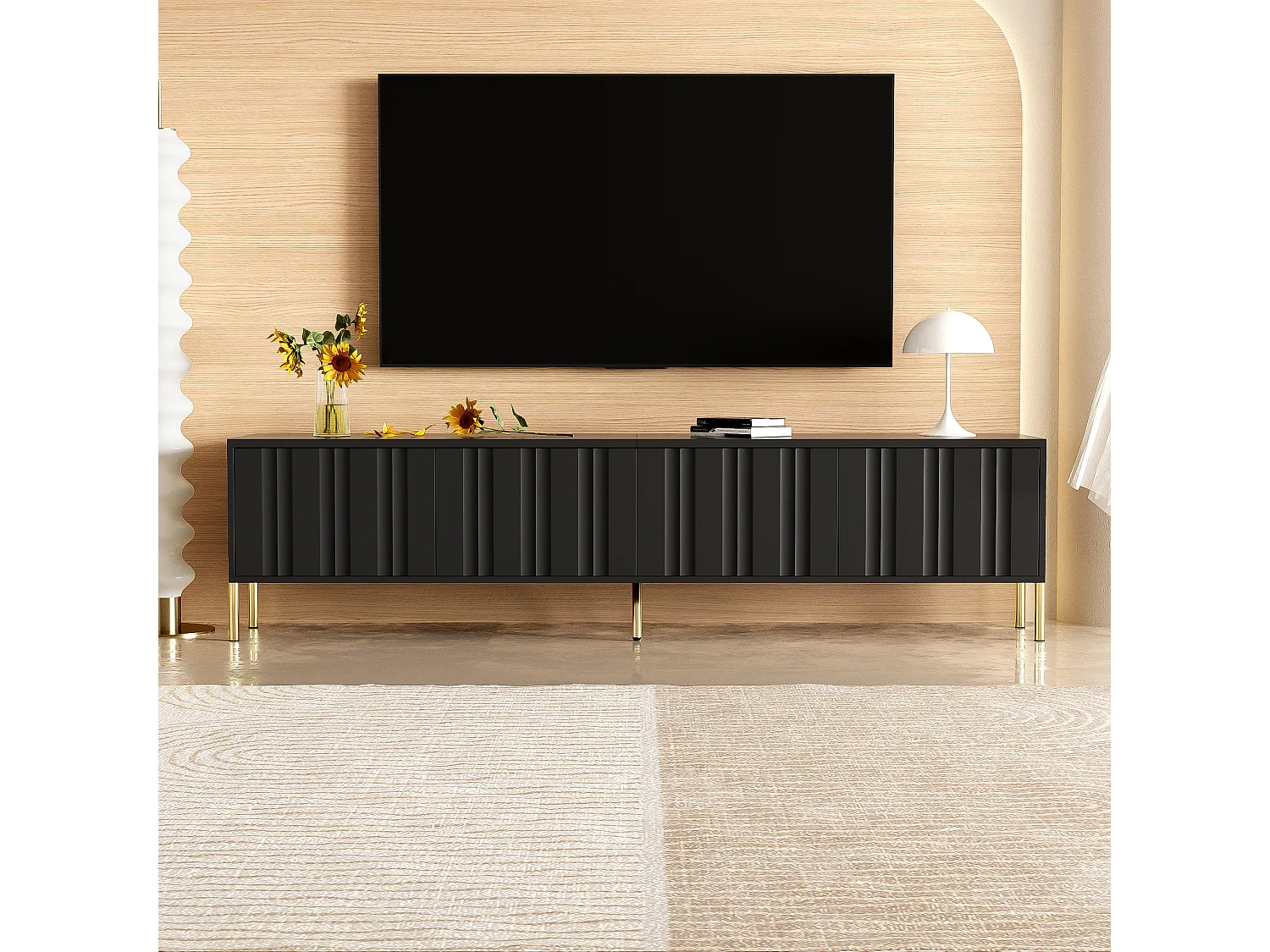 URBAN MEUBLE Meuble TV noir porte rainuré accents dorés