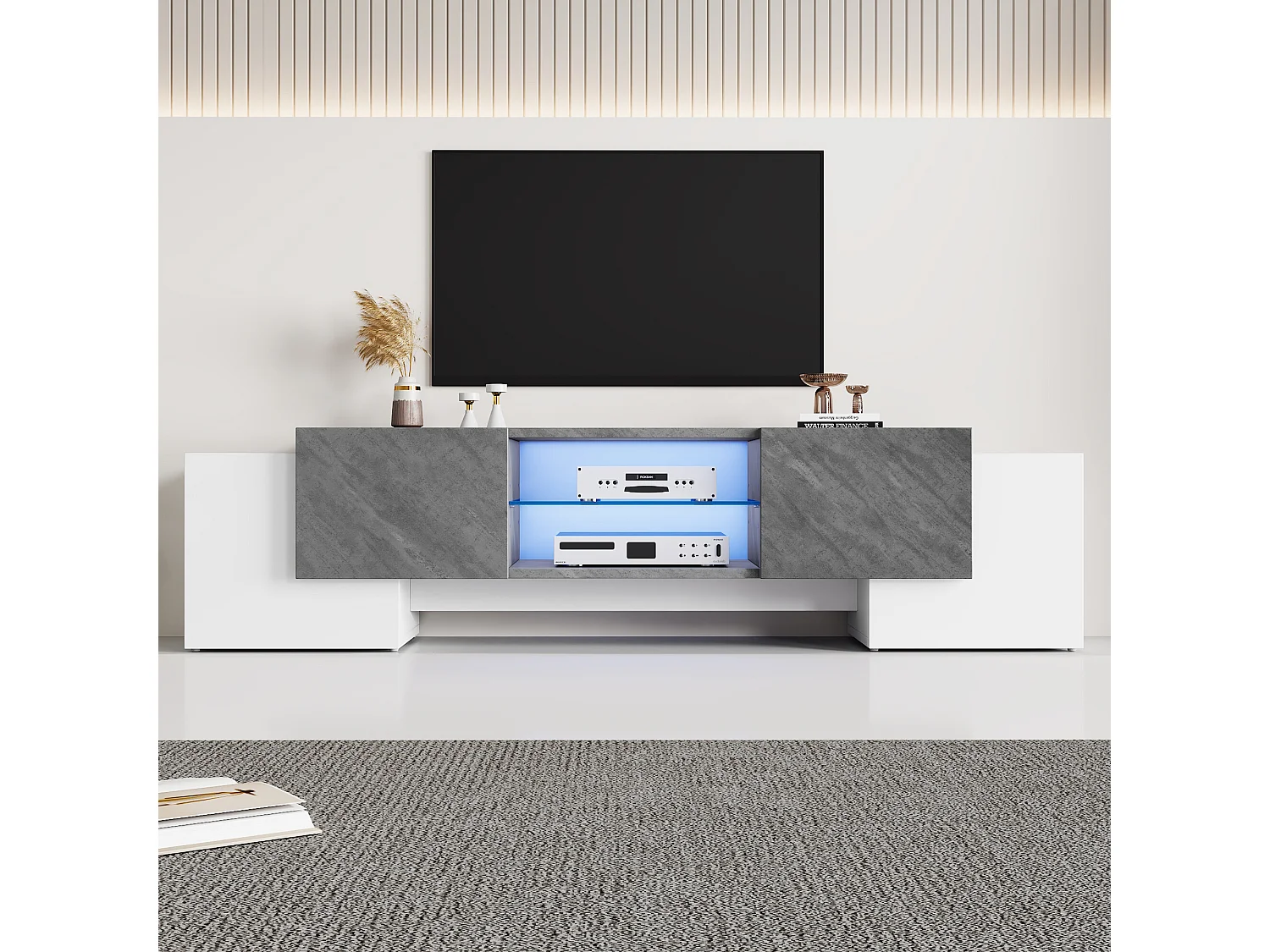 URBAN MEUBLE Meuble TV moderne blanc & gris étagère en verre avec éclairage LED