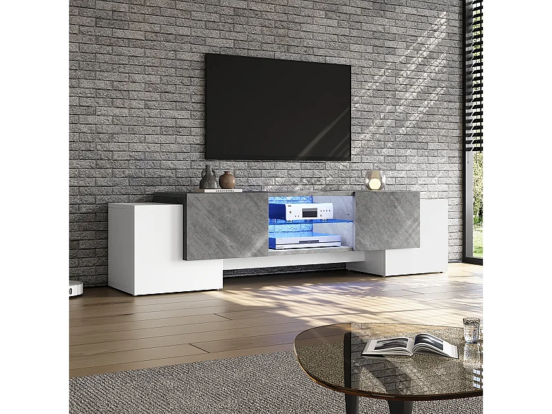 URBAN MEUBLE Meuble TV moderne blanc & gris étagère en verre avec éclairage LED