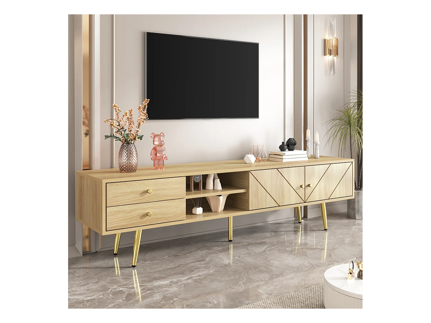 URBAN MEUBLE Meuble TV effet bois naturel portes rainurés, et accents dorés