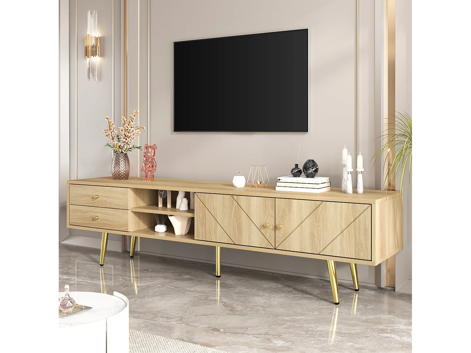 URBAN MEUBLE Meuble TV effet bois naturel portes rainurés, et accents dorés