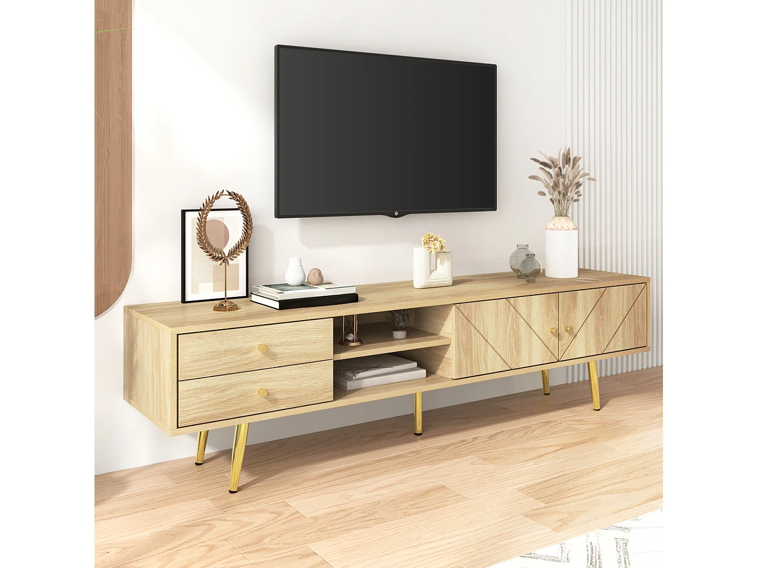 URBAN MEUBLE Meuble TV effet bois naturel portes rainurés, et accents dorés