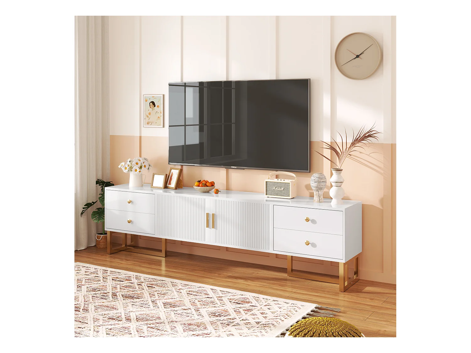 URBAN MEUBLE Meuble TV blanc avec 4 tiroirs, 2 portes texturés et accents dorés