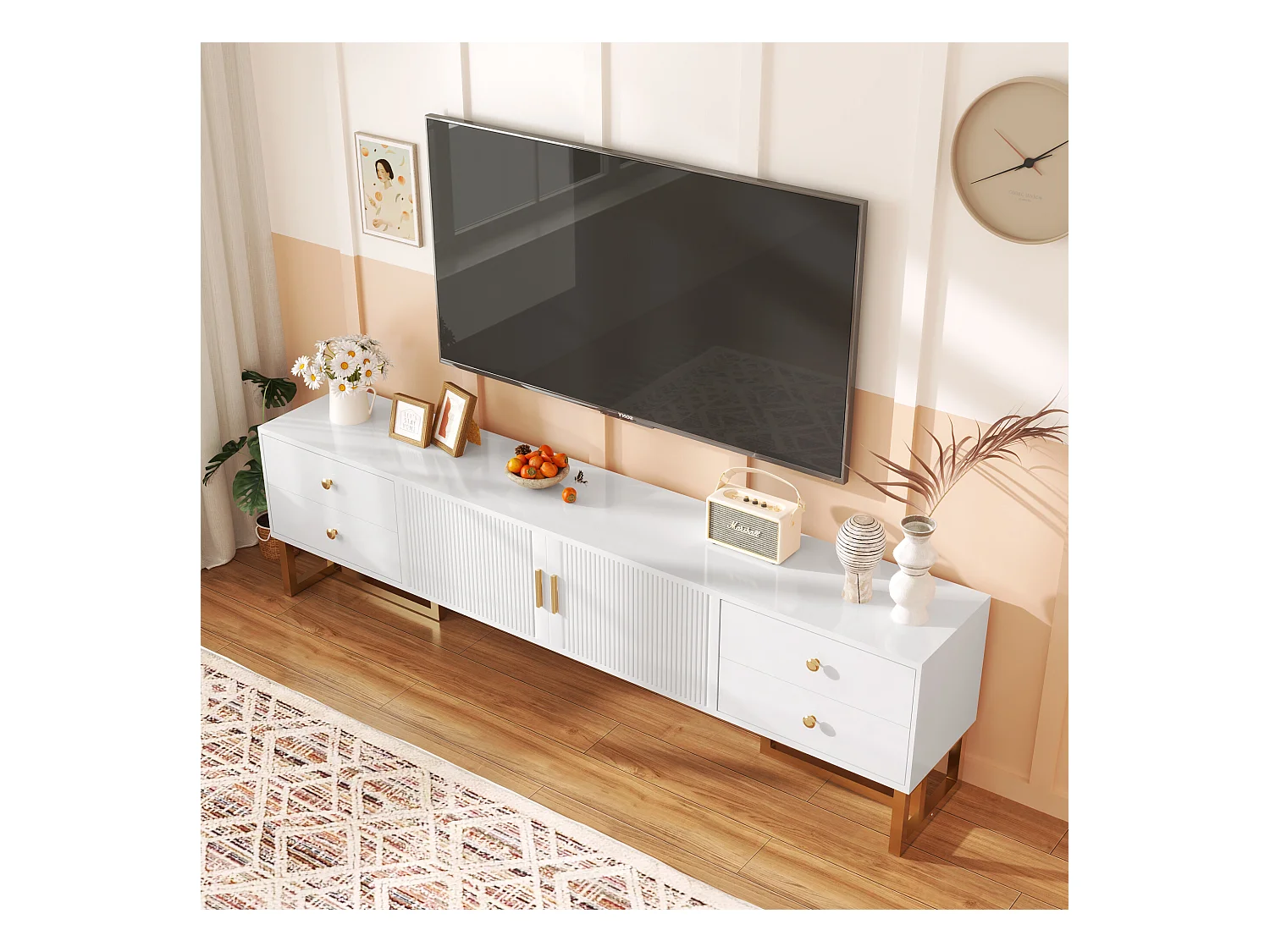 URBAN MEUBLE Meuble TV blanc avec 4 tiroirs, 2 portes texturés et accents dorés