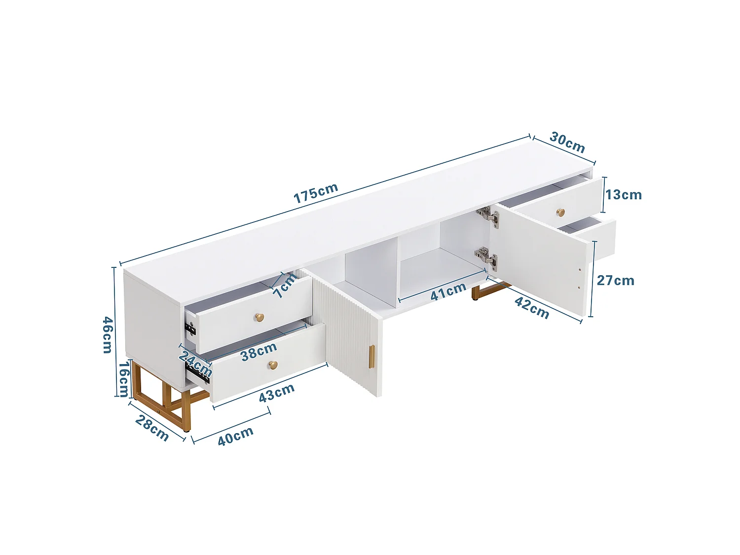URBAN MEUBLE Meuble TV blanc avec 4 tiroirs, 2 portes texturés et accents dorés