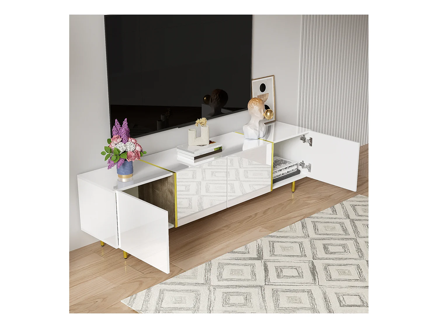 URBAN MEUBLE Meuble TV blanc laqué acents dorés, 4 portes