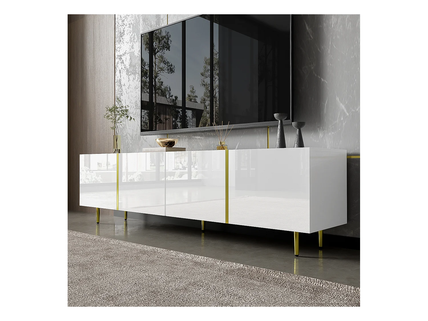 URBAN MEUBLE Meuble TV blanc laqué acents dorés, 4 portes