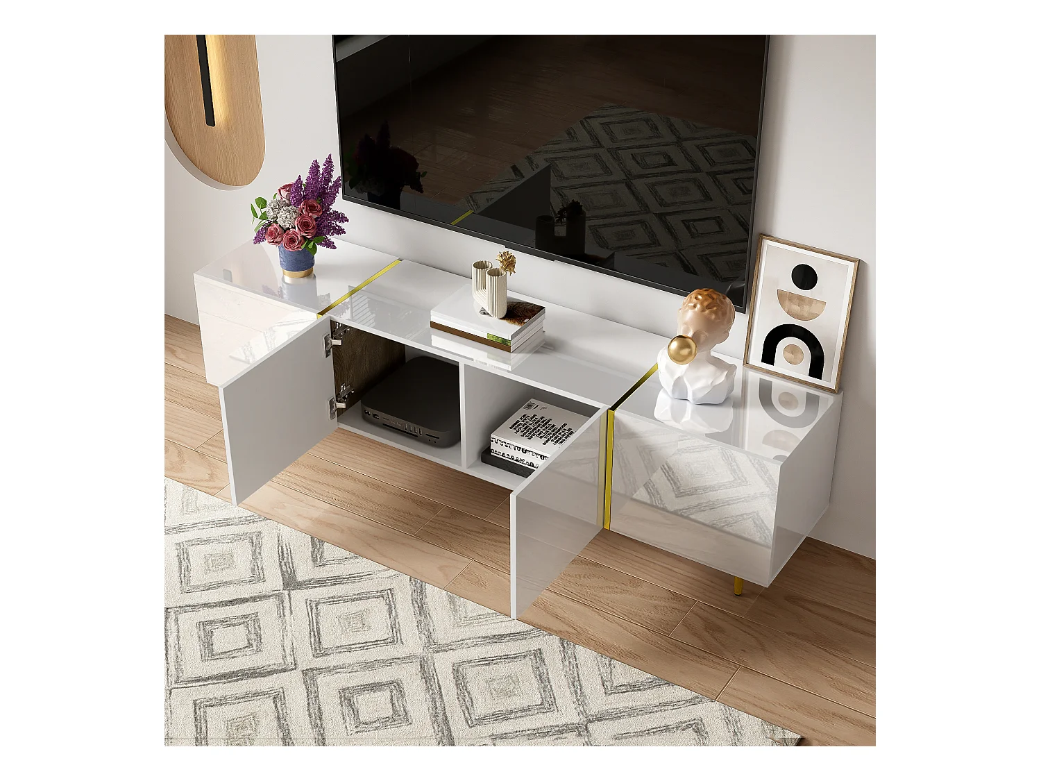 URBAN MEUBLE Meuble TV blanc laqué acents dorés, 4 portes