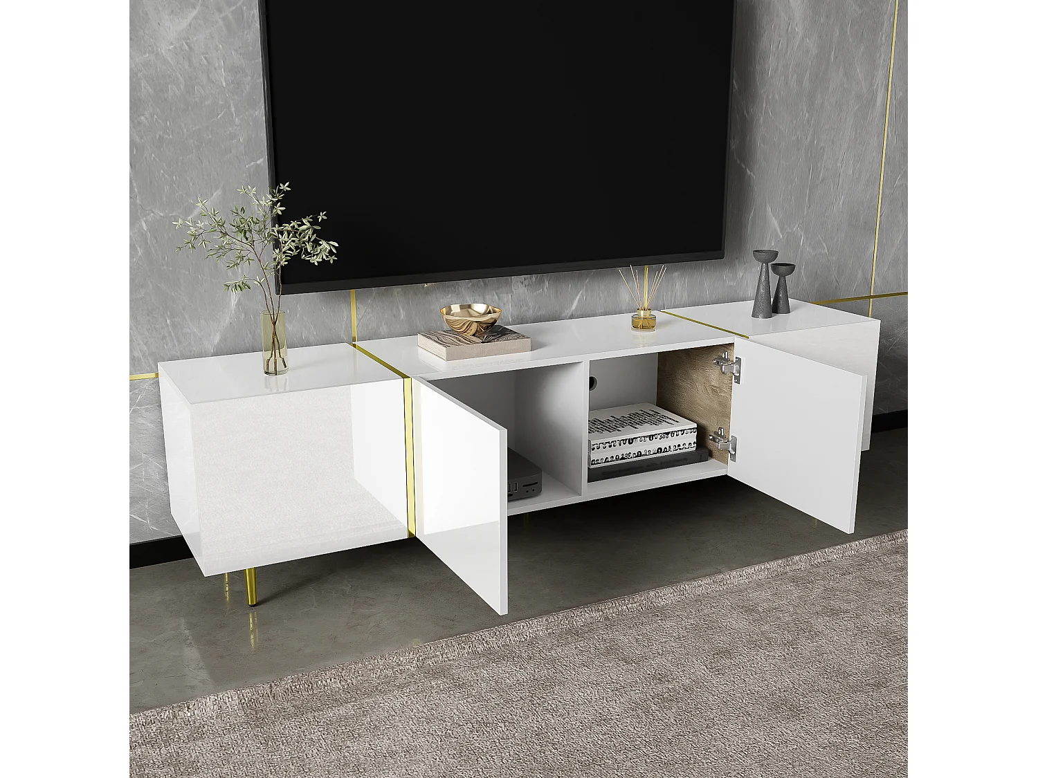 URBAN MEUBLE Meuble TV blanc laqué acents dorés, 4 portes