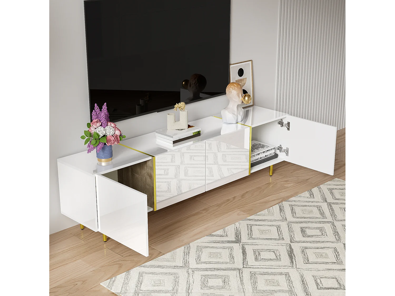 URBAN MEUBLE Meuble TV blanc laqué acents dorés, 4 portes