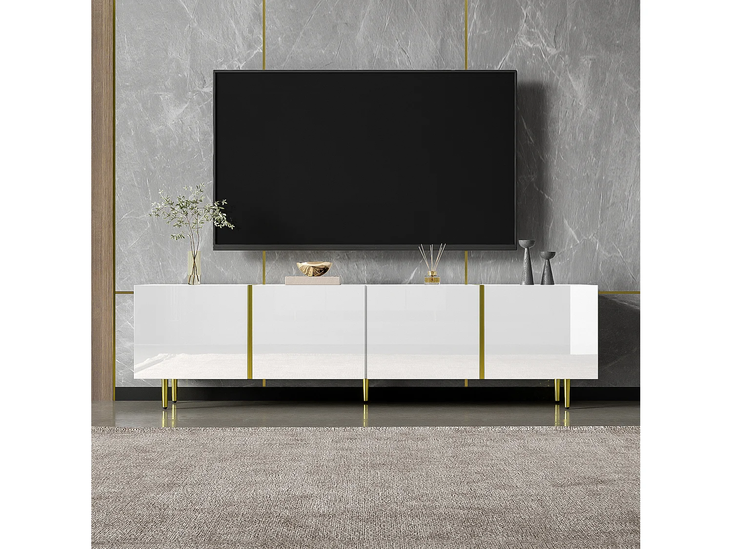 URBAN MEUBLE Meuble TV blanc laqué acents dorés, 4 portes