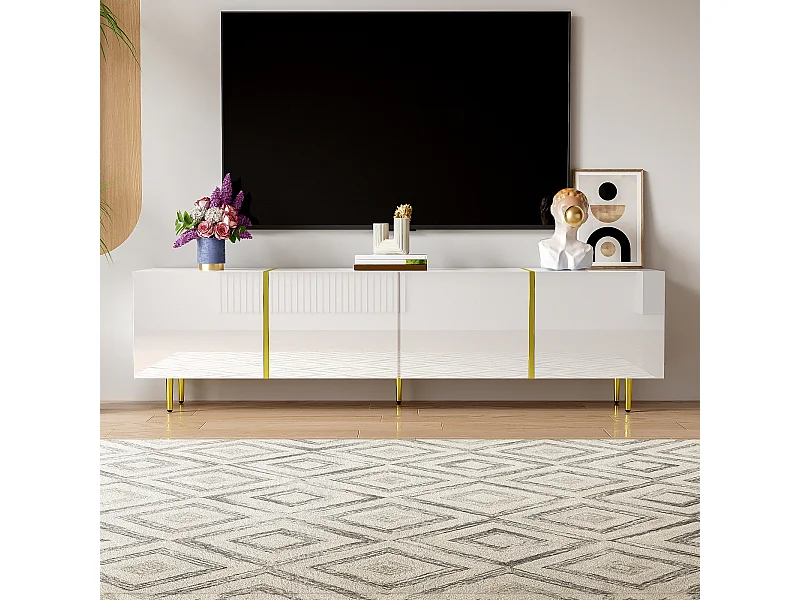 URBAN MEUBLE Meuble TV blanc laqué acents dorés, 4 portes