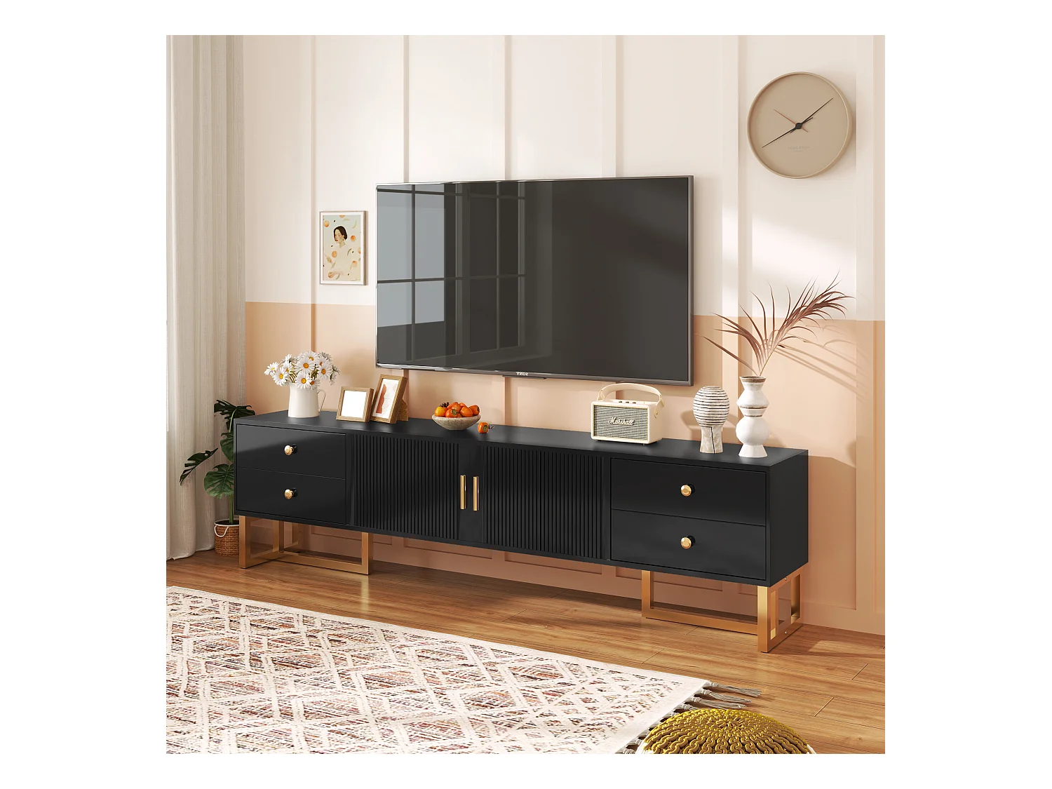 URBAN MEUBLE Meuble TV noir avec 4 tiroirs, 2 portes texturés et accents dorés