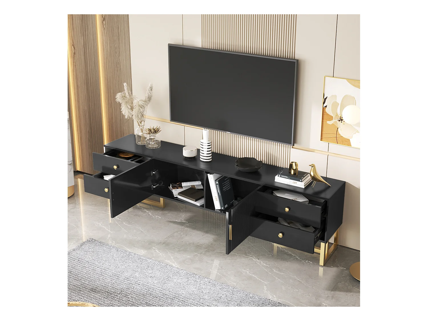 URBAN MEUBLE Meuble TV noir avec 4 tiroirs, 2 portes texturés et accents dorés