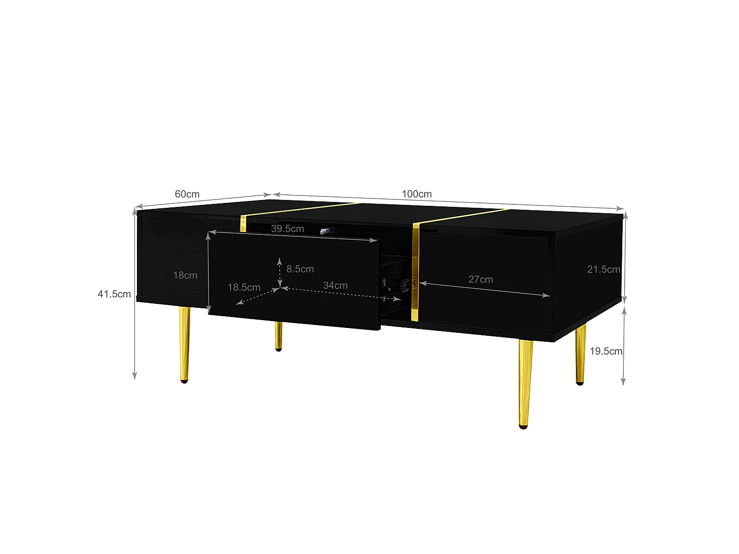 URBAN MEUBLE Table basse noire laquée et accents dorées, 2 tiroirs