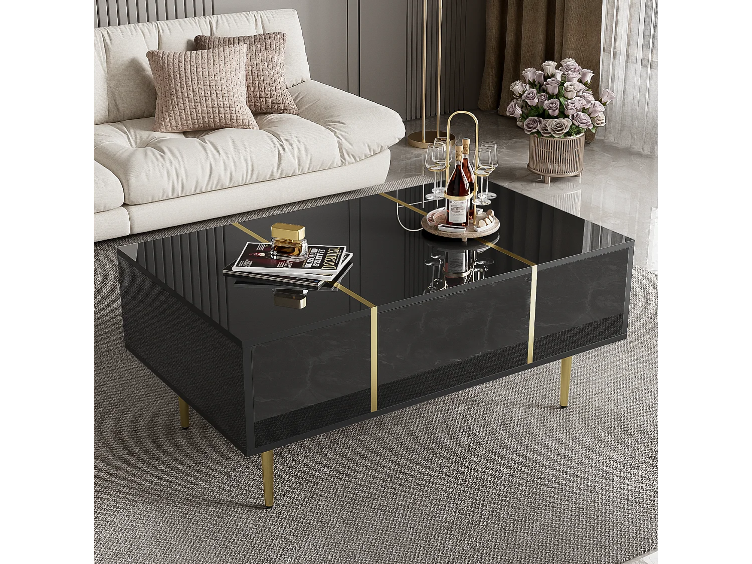 URBAN MEUBLE Table basse noire laquée et accents dorées, 2 tiroirs
