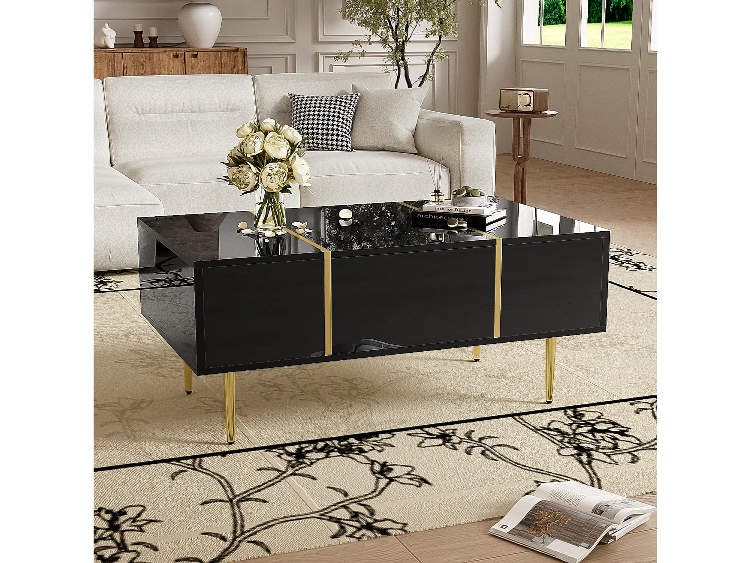 URBAN MEUBLE Table basse noire laquée et accents dorées, 2 tiroirs