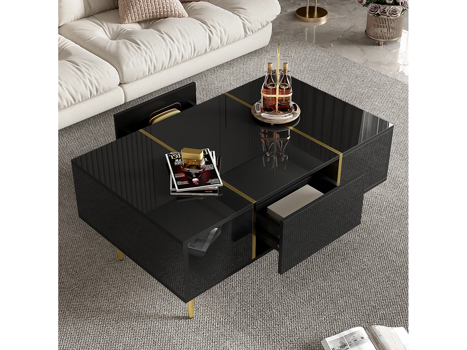 URBAN MEUBLE Table basse noire laquée et accents dorées, 2 tiroirs