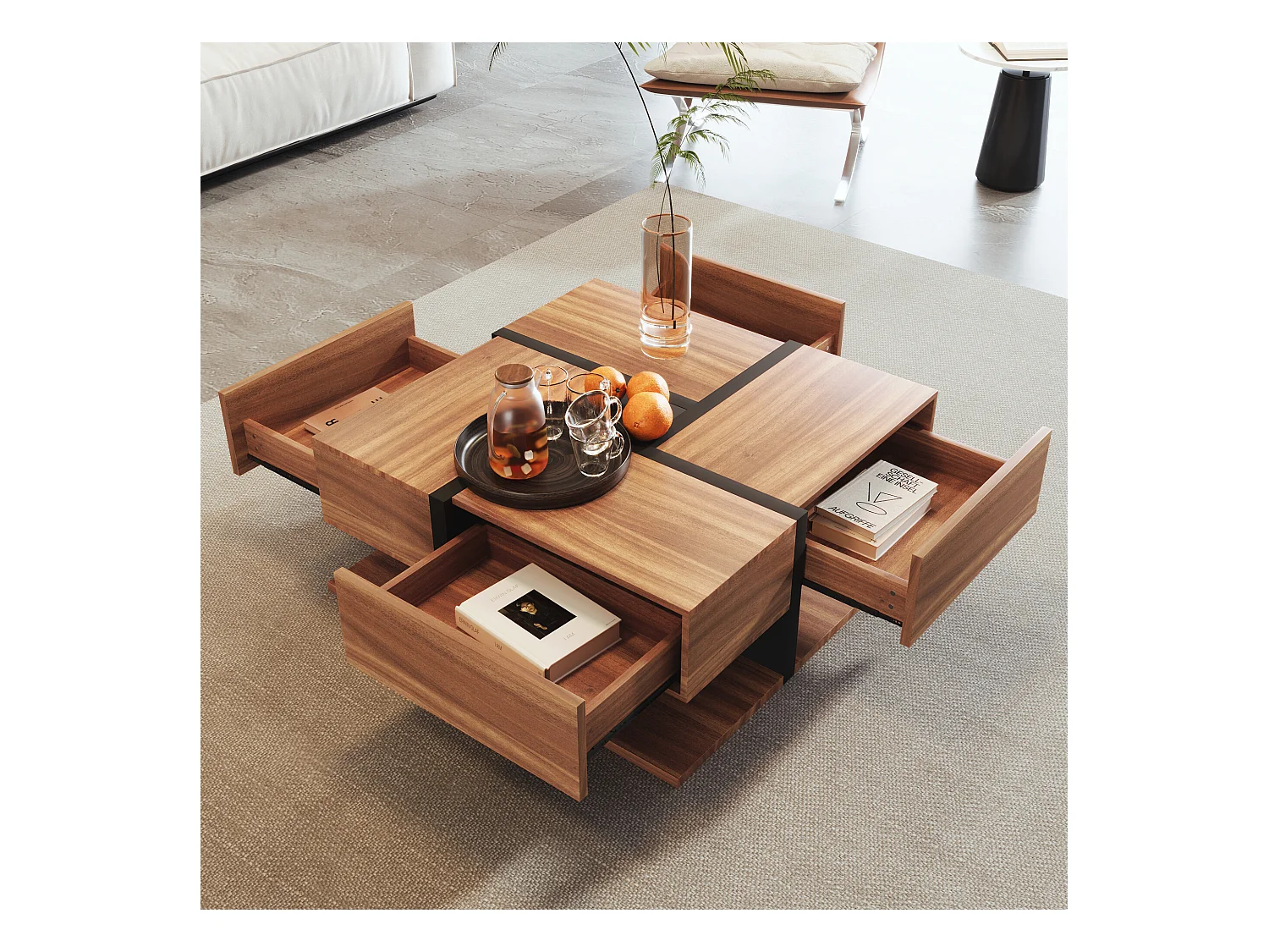 URBAN MEUBLE Table basse carrée effet bois 4 tiroirs et étagère ouverte