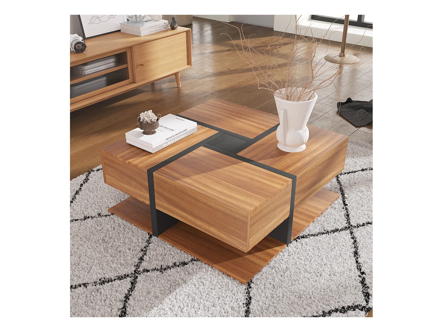 URBAN MEUBLE Table basse carrée effet bois 4 tiroirs et étagère ouverte