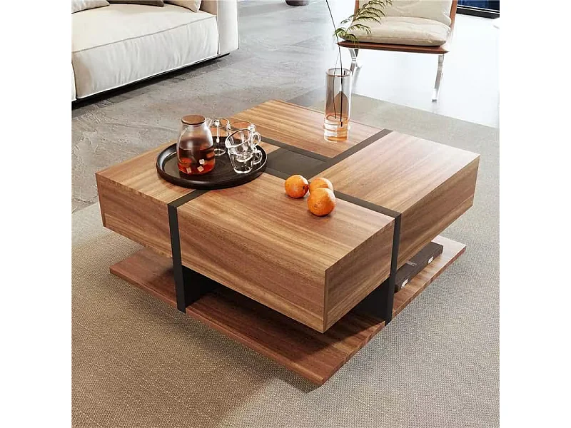 URBAN MEUBLE Table basse carrée effet bois 4 tiroirs et étagère ouverte