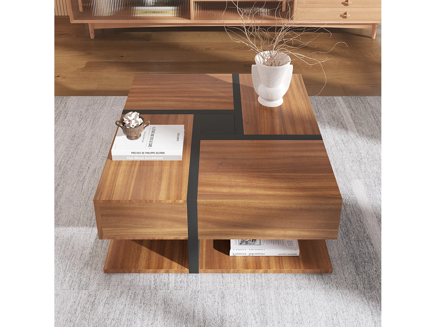 URBAN MEUBLE Table basse carrée effet bois 4 tiroirs et étagère ouverte