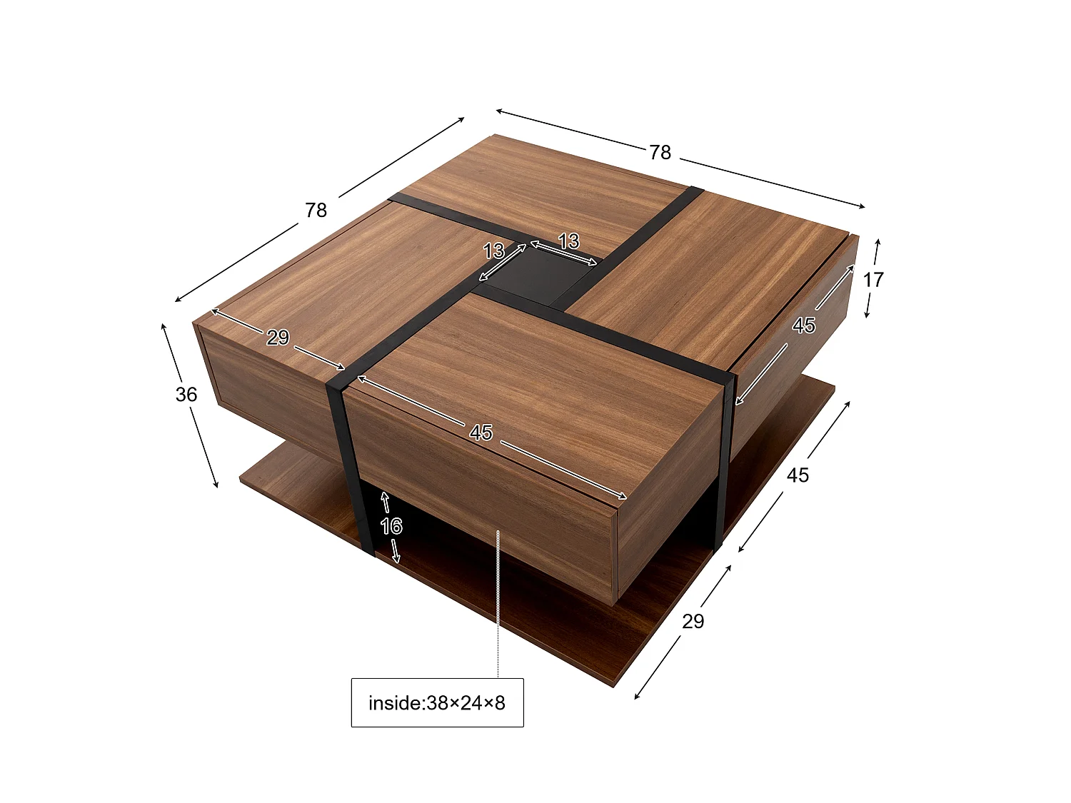 URBAN MEUBLE Table basse carrée effet bois 4 tiroirs et étagère ouverte