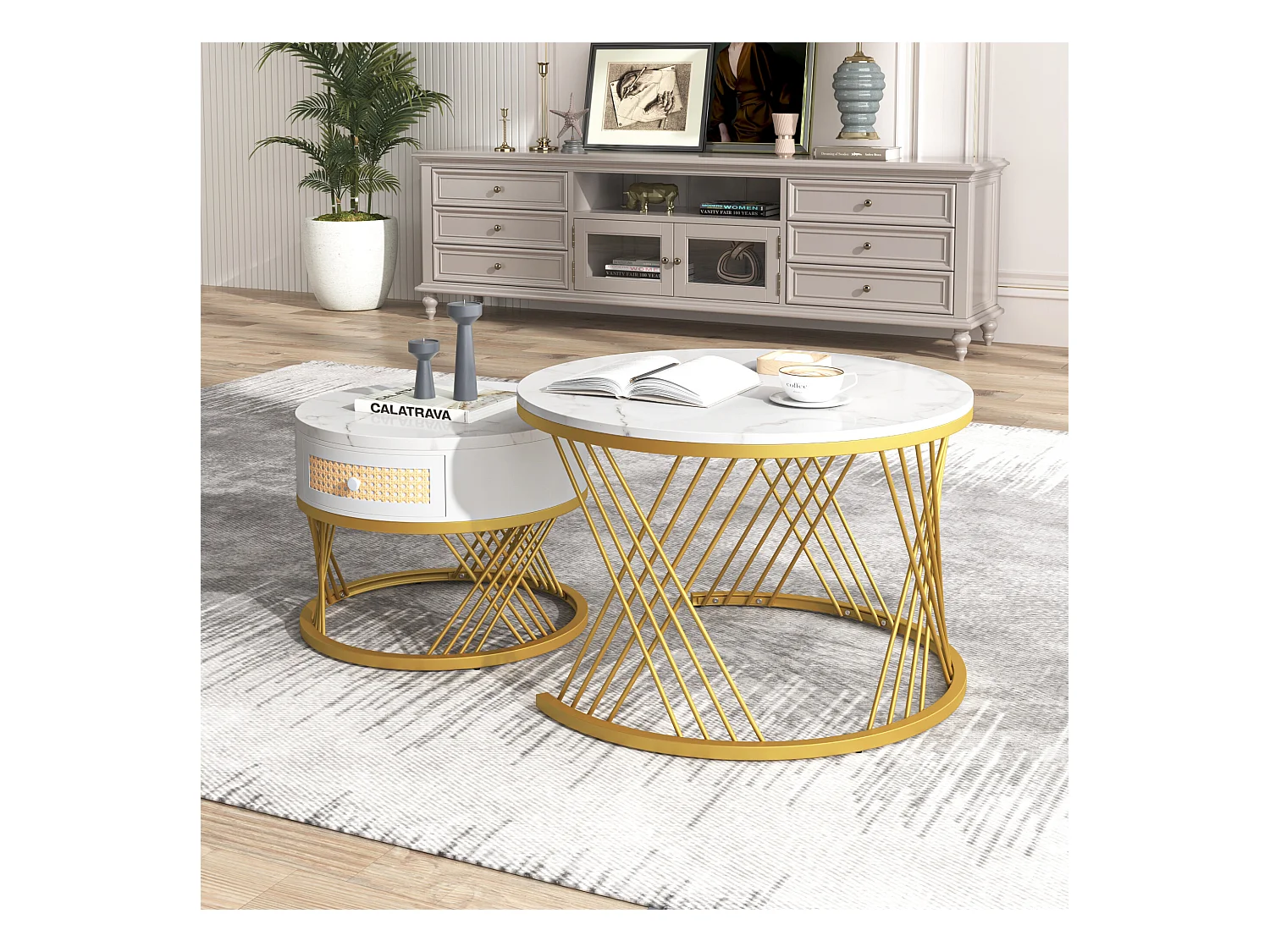 URBAN MEUBLE Ensemble de 2 tables basses gigognes rondes effet marbre blanc et rotin