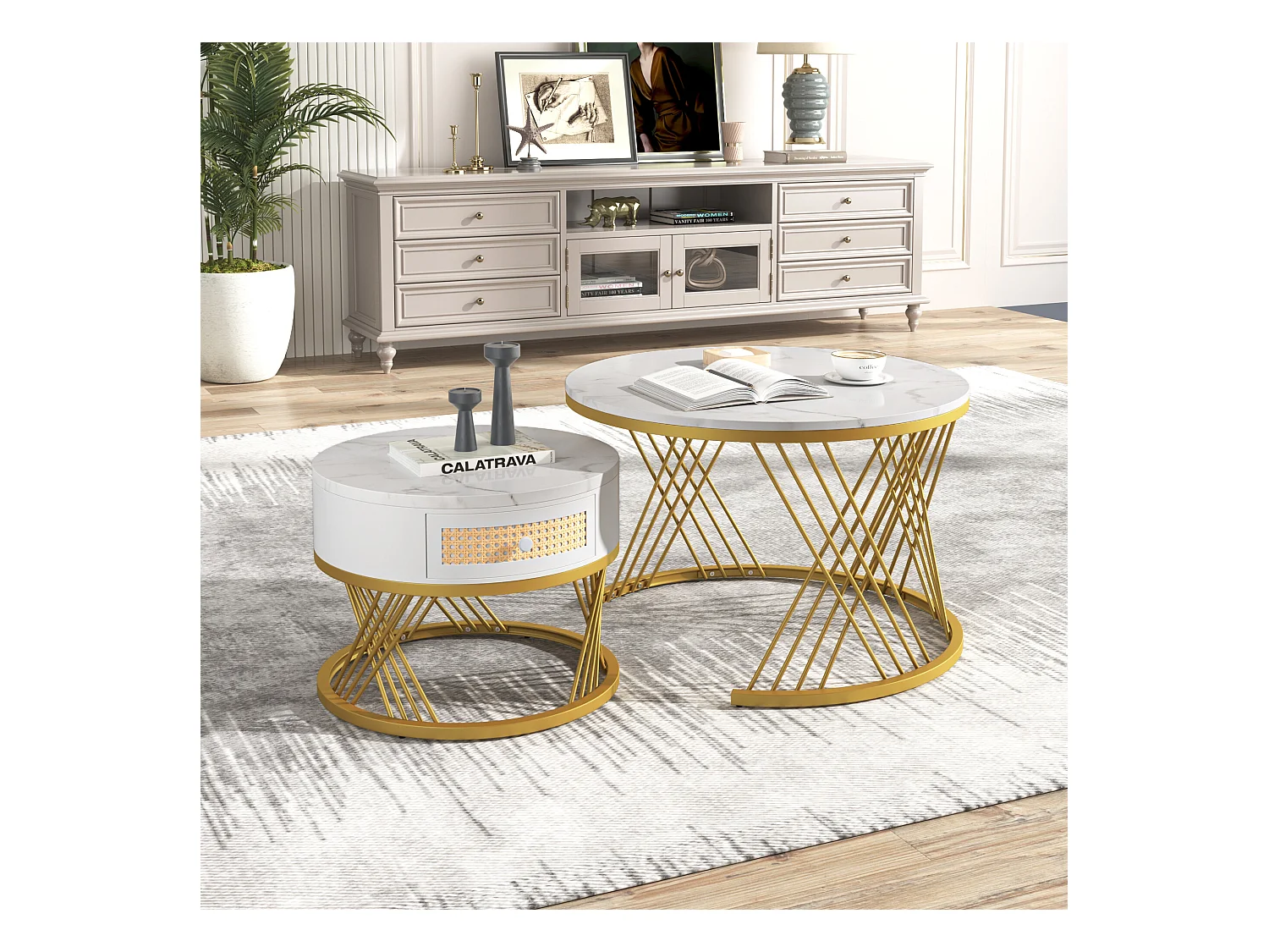URBAN MEUBLE Ensemble de 2 tables basses gigognes rondes effet marbre blanc et rotin