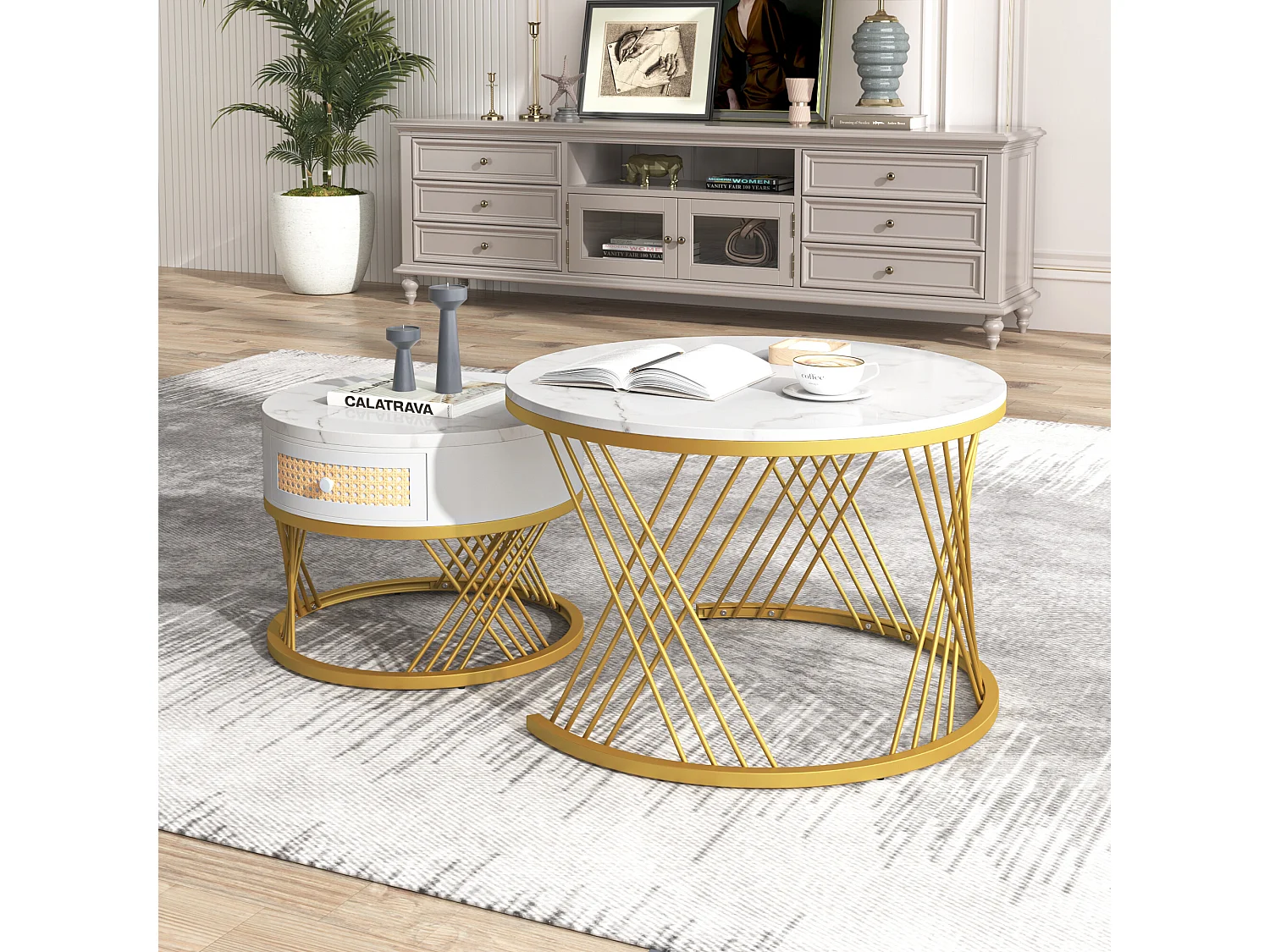 URBAN MEUBLE Ensemble de 2 tables basses gigognes rondes effet marbre blanc et rotin