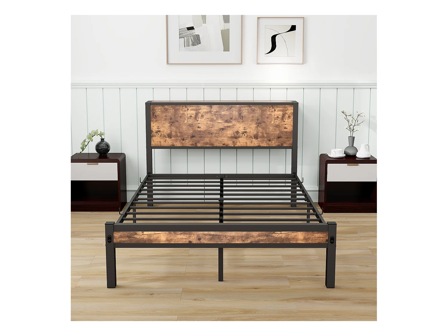 URBAN MEUBLE Cadre de lit double en métal et effet bois style industriel tablette tête de lit (120*200)