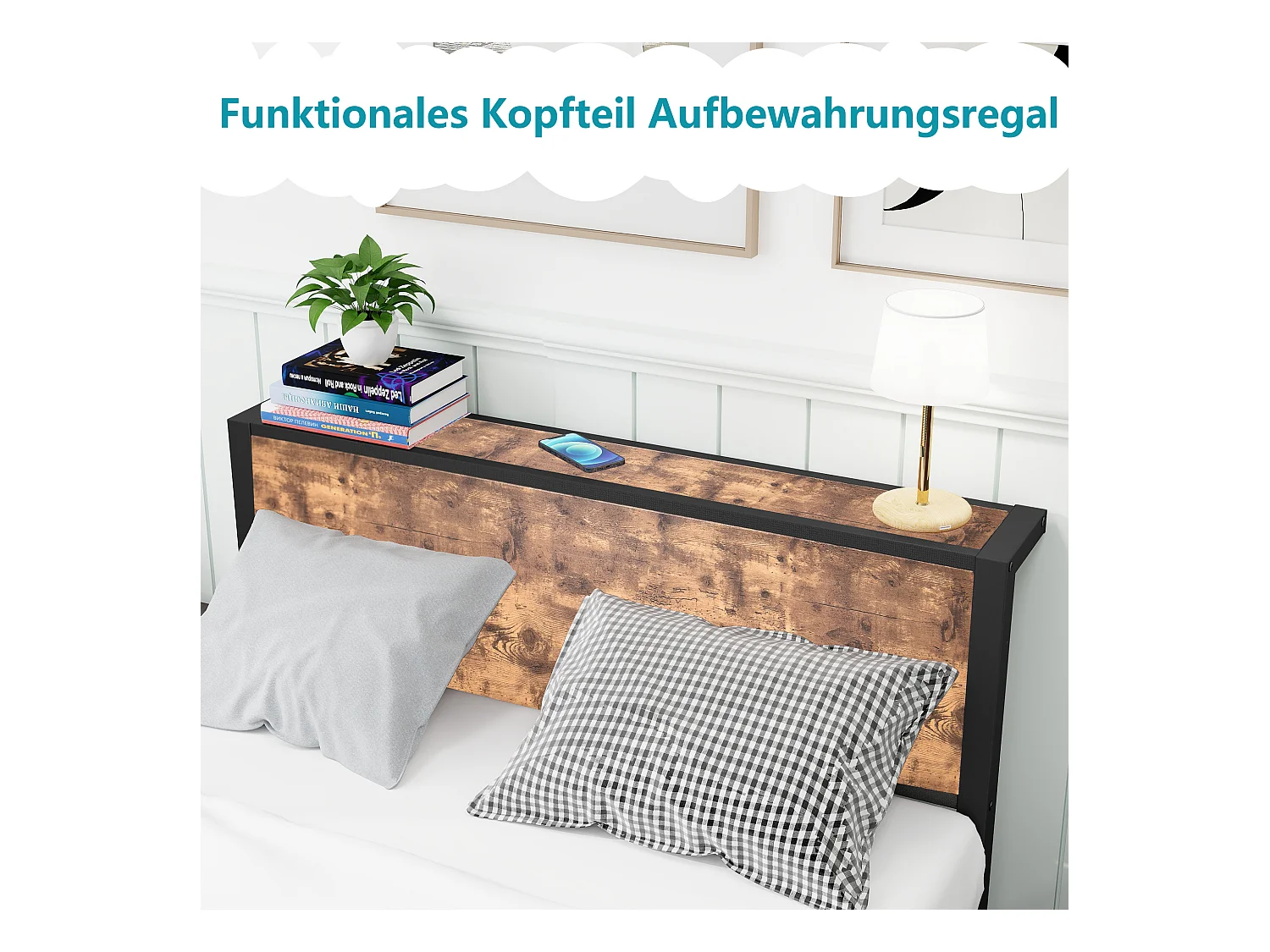 URBAN MEUBLE Cadre de lit double en métal et effet bois style industriel tablette tête de lit (120*200)