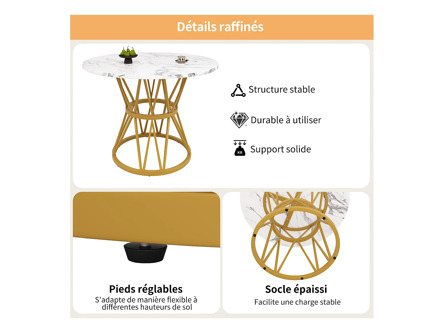 URBAN MEUBLE Table de salle à manger ronde effet marbre blanc pieds chic dorés