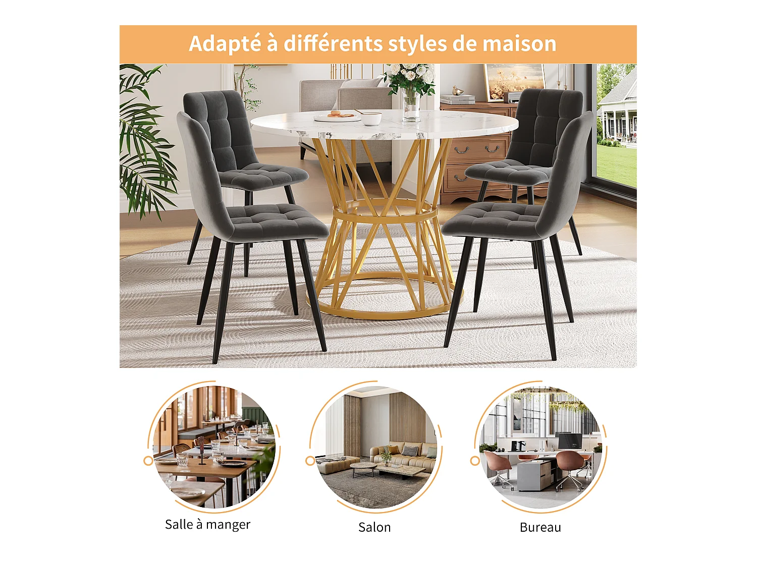 URBAN MEUBLE Table de salle à manger ronde effet marbre blanc pieds chic dorés