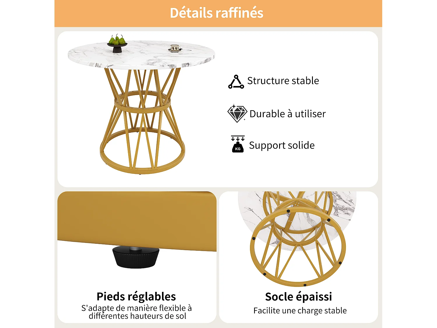 URBAN MEUBLE Table de salle à manger ronde effet marbre blanc pieds chic dorés