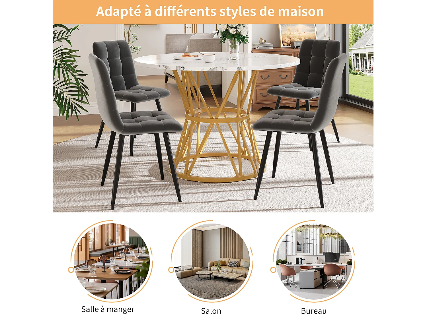 URBAN MEUBLE Table de salle à manger ronde effet marbre blanc pieds chic dorés