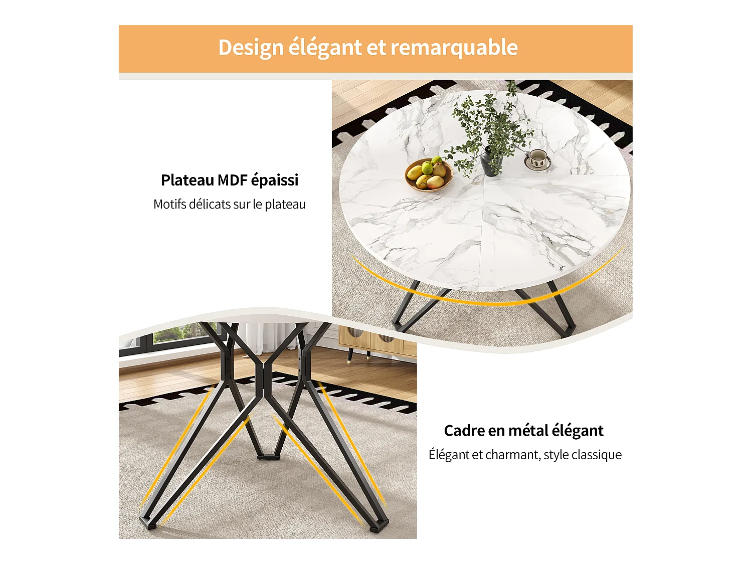 URBAN MEUBLE Table de salle à manger ronde effet marbre blanc pieds noires