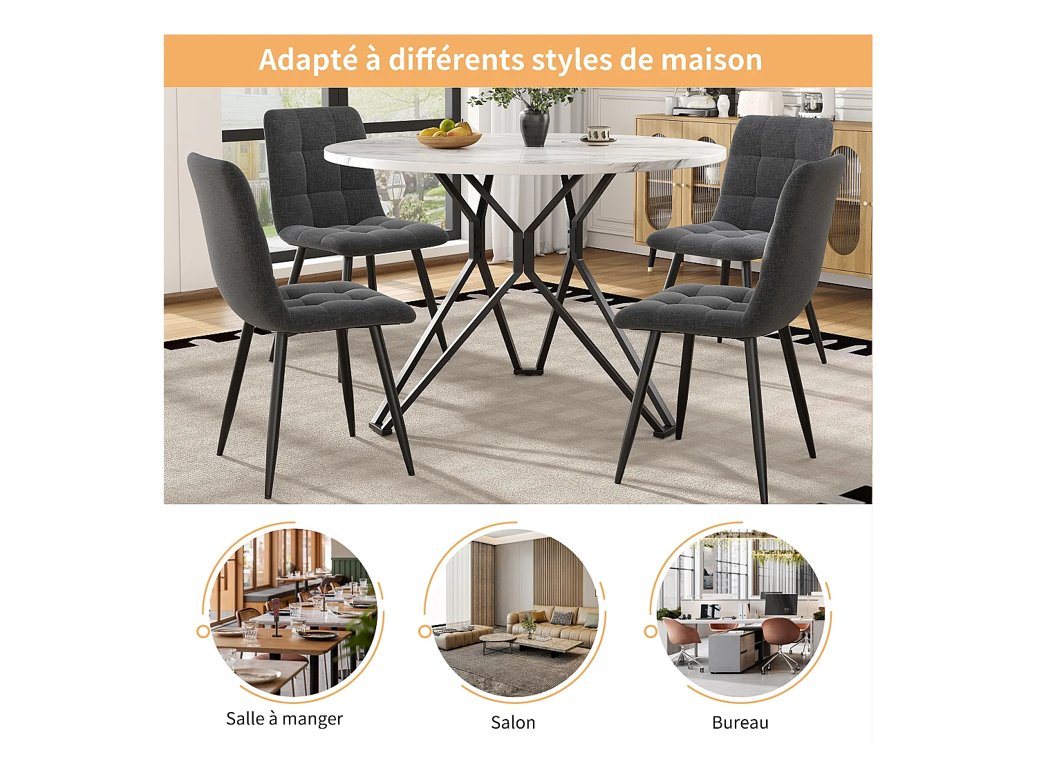 URBAN MEUBLE Table de salle à manger ronde effet marbre blanc pieds noires