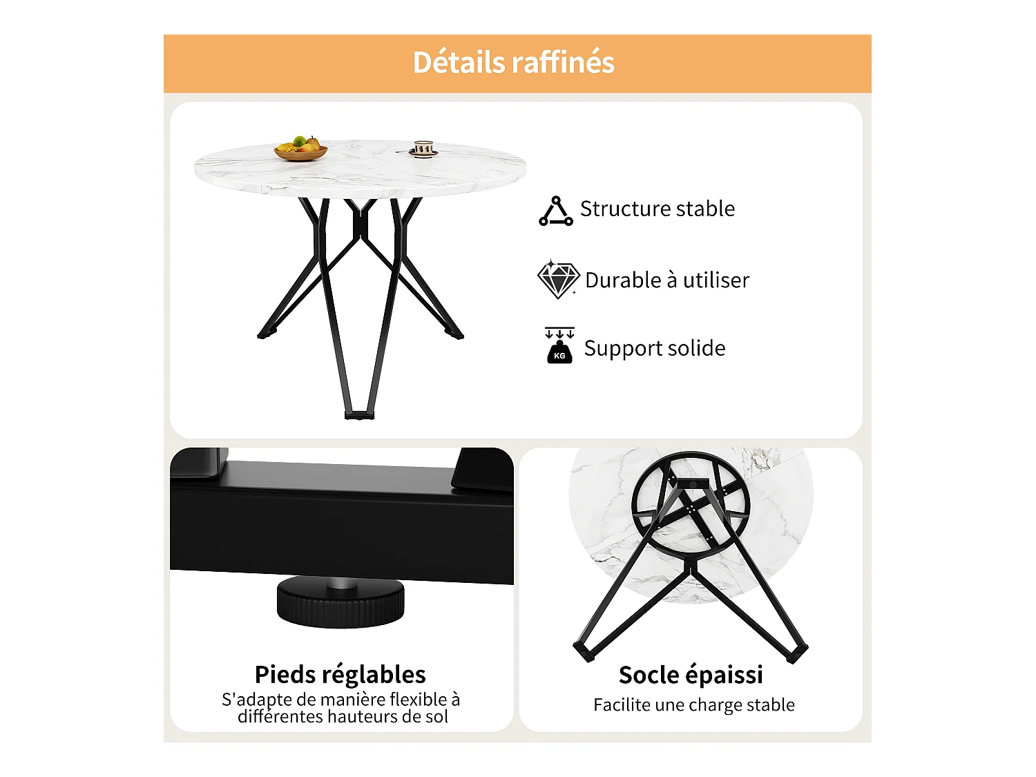 URBAN MEUBLE Table de salle à manger ronde effet marbre blanc pieds noires