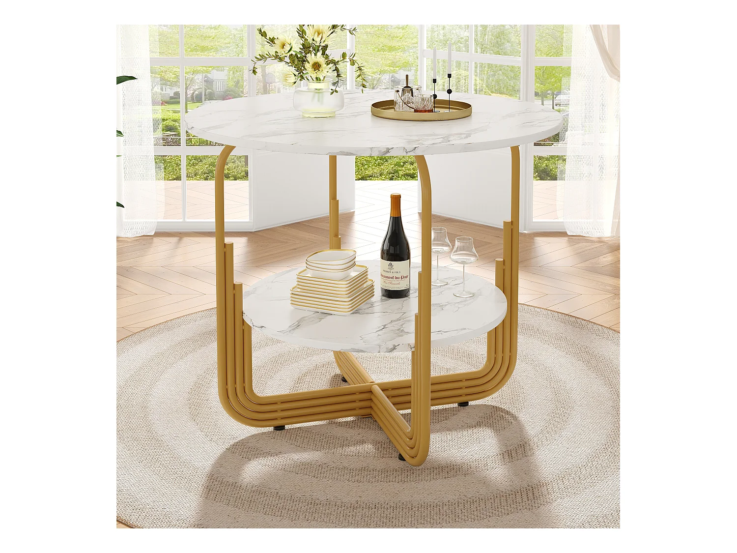 URBAN MEUBLE Table de salle à manger ronde chic doré avec effet marbre blanc