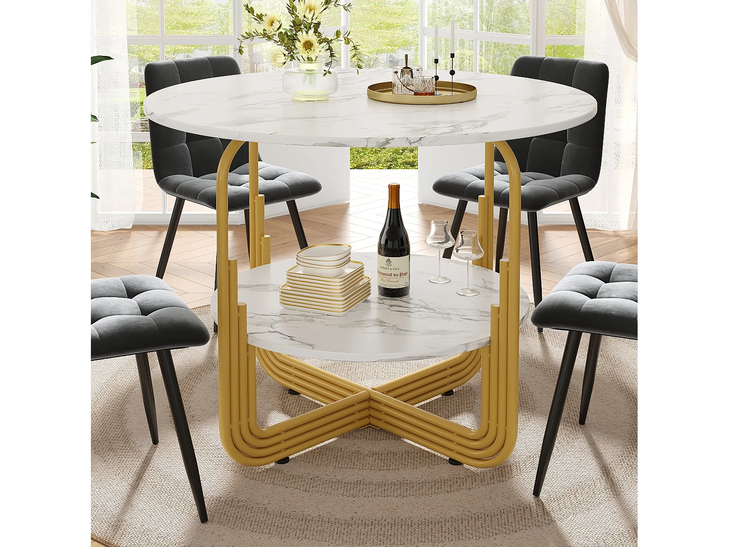 URBAN MEUBLE Table de salle à manger ronde chic doré avec effet marbre blanc