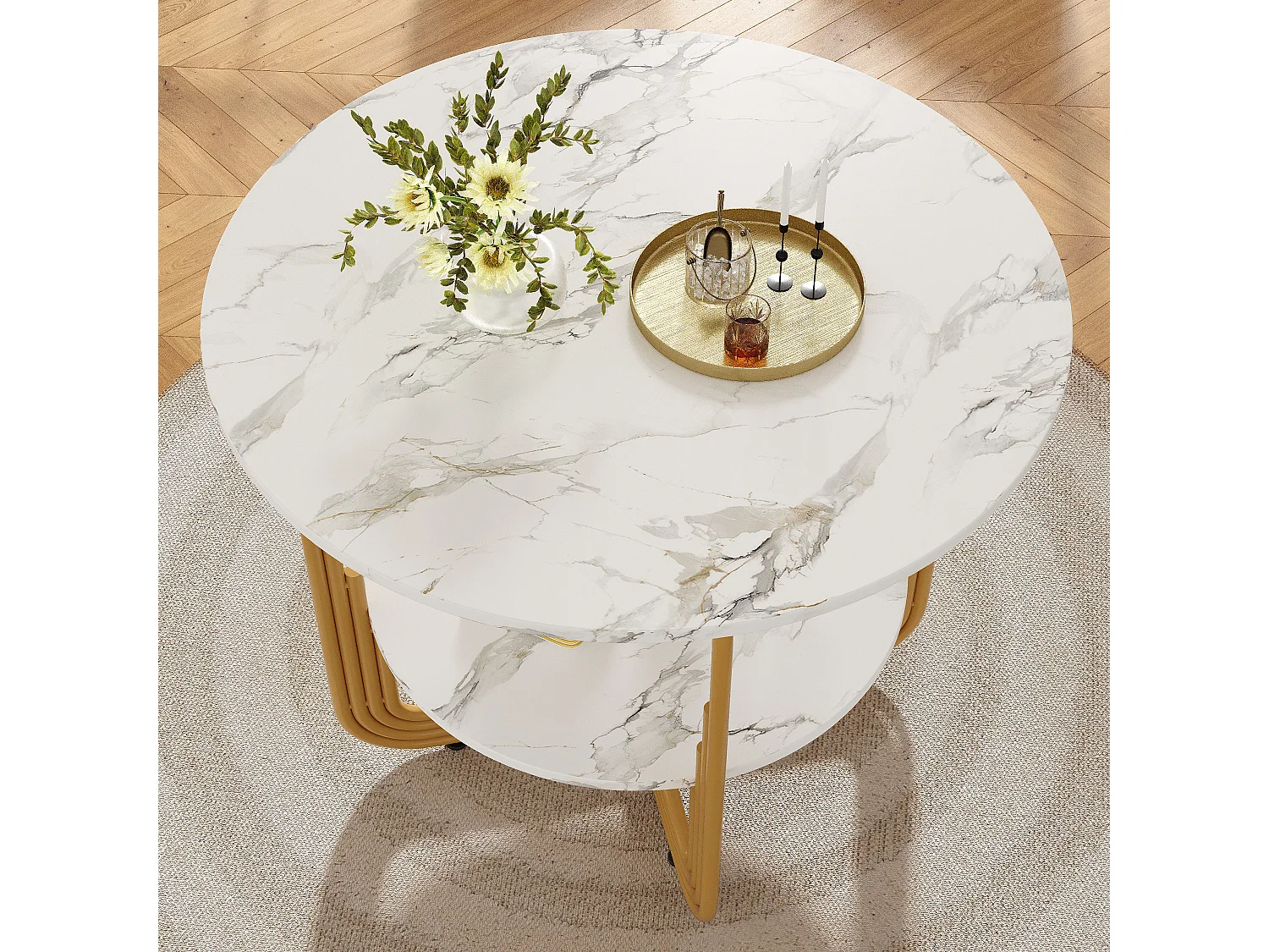 URBAN MEUBLE Table de salle à manger ronde chic doré avec effet marbre blanc