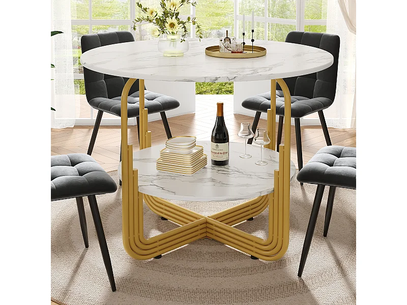 URBAN MEUBLE Table de salle à manger ronde chic doré avec effet marbre blanc