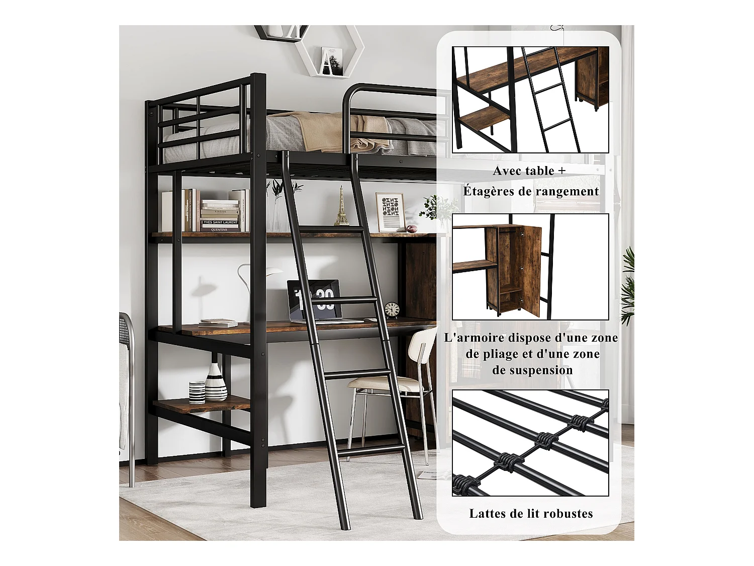 URBAN MEUBLE Lit simple superposé en métal noir effet bois avec bureau intégré et armoire, taille 90x200 cm