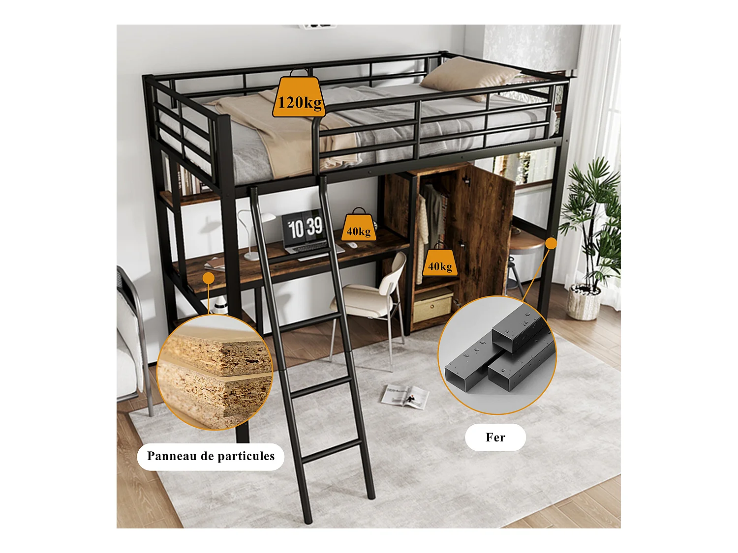 URBAN MEUBLE Lit simple superposé en métal noir effet bois avec bureau intégré et armoire, taille 90x200 cm