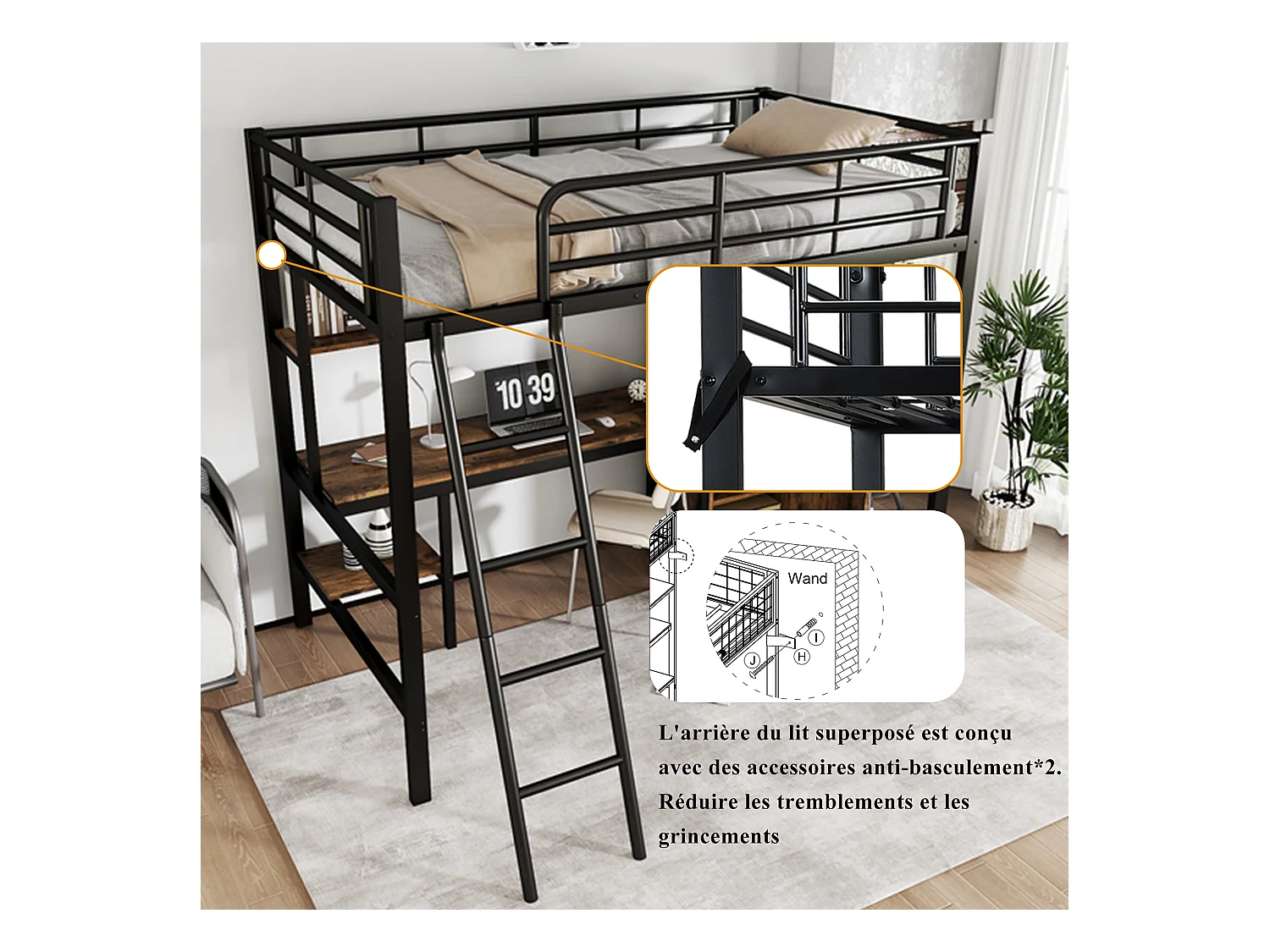 URBAN MEUBLE Lit simple superposé en métal noir effet bois avec bureau intégré et armoire, taille 90x200 cm